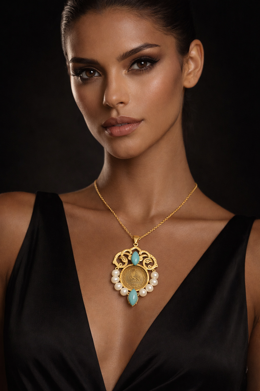 Handmade unique limited edition coin necklace inspired by Pahlavi. Turquoise stone.