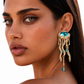 A Pair Of Vintage Blue Oval Inlaid Jellyfish Tassel Ocean Themed Earrings Suitable For Women's Daily Wear, Gifts, Dance Accessories