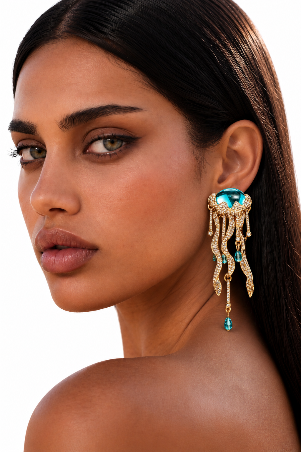 A Pair Of Vintage Blue Oval Inlaid Jellyfish Tassel Ocean Themed Earrings Suitable For Women's Daily Wear, Gifts, Dance Accessories