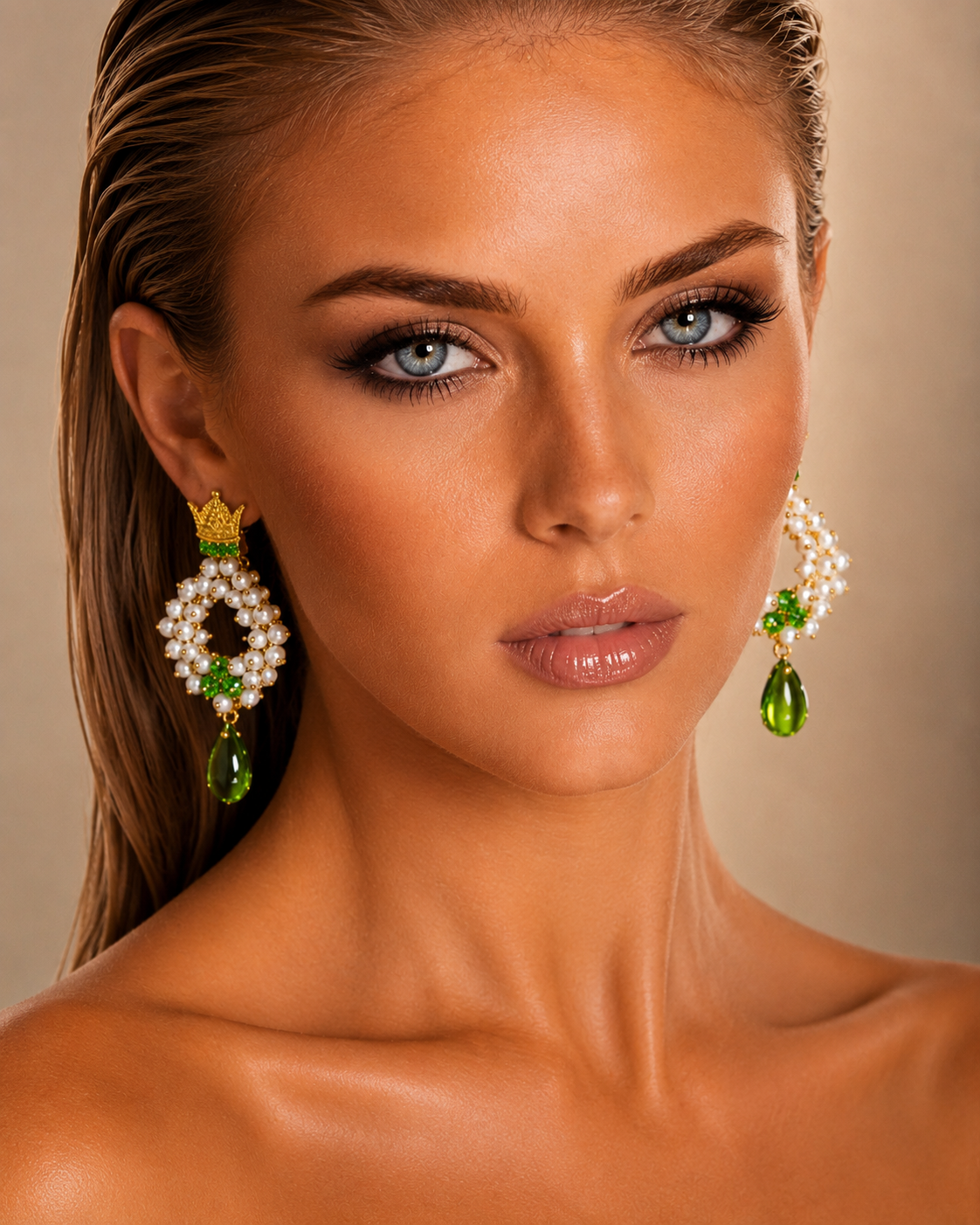 One-of-a-Kind Princess Pearl Earrings | Handmade Green Crystal Crown Earrings