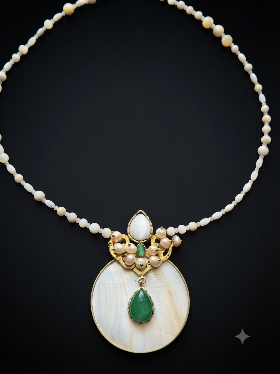 One of a Kind Pearl & Green Agate Necklace – Mother of Pearl Handmade Statement Jewelry