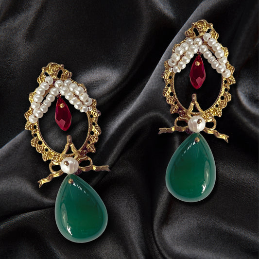 THE SECRET OF THE FOREST, Elegant Pearl Earrings With Ruby And Emerald Accents