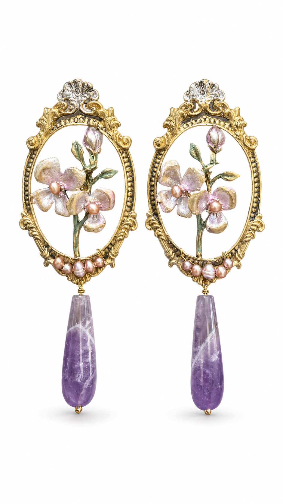 Floral Statement Earrings with Pearls & Purple Drops | Baharnaz