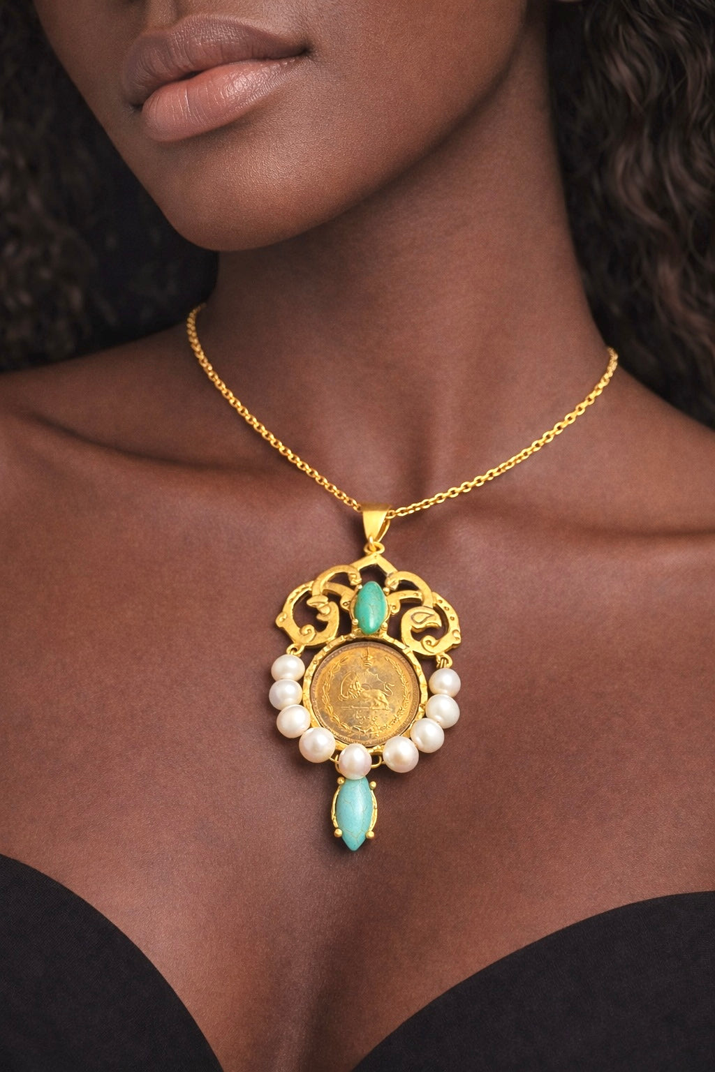 Handmade unique limited edition coin necklace inspired by Pahlavi. Turquoise stone.