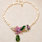 Handmade Floral Pearl Necklace with Green Crystal Drop | Statement Beaded Necklace | Elegant Artisan Jewelry Gift for Women
