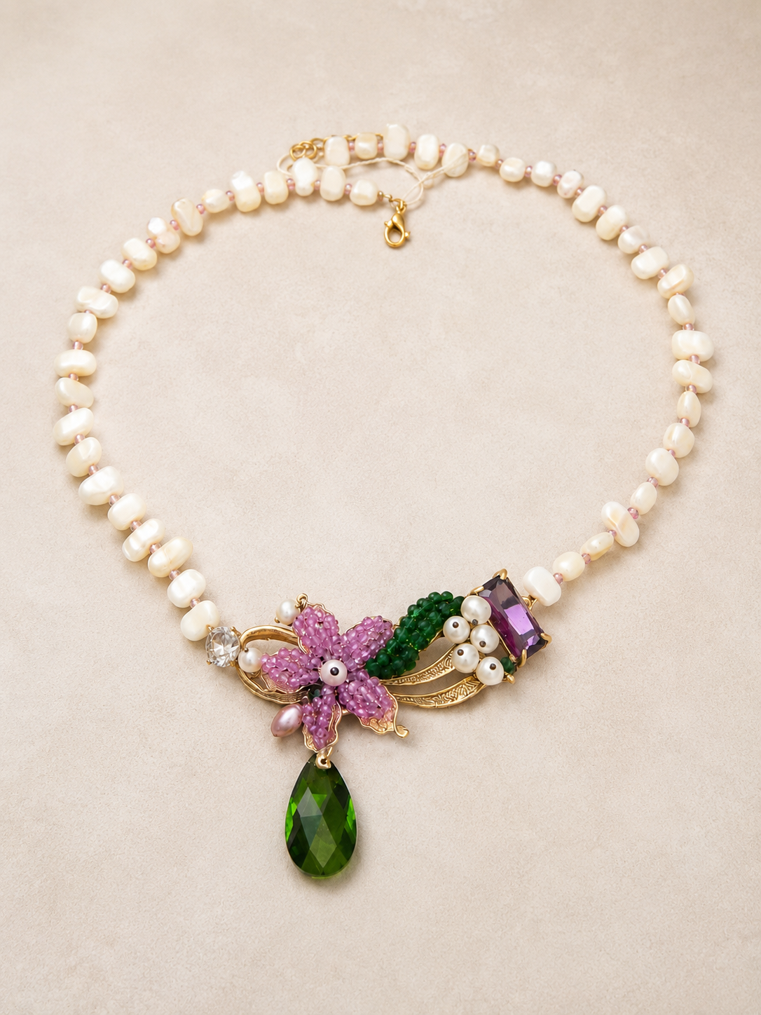 Handmade Floral Pearl Necklace with Green Crystal Drop | Statement Beaded Necklace | Elegant Artisan Jewelry Gift for Women