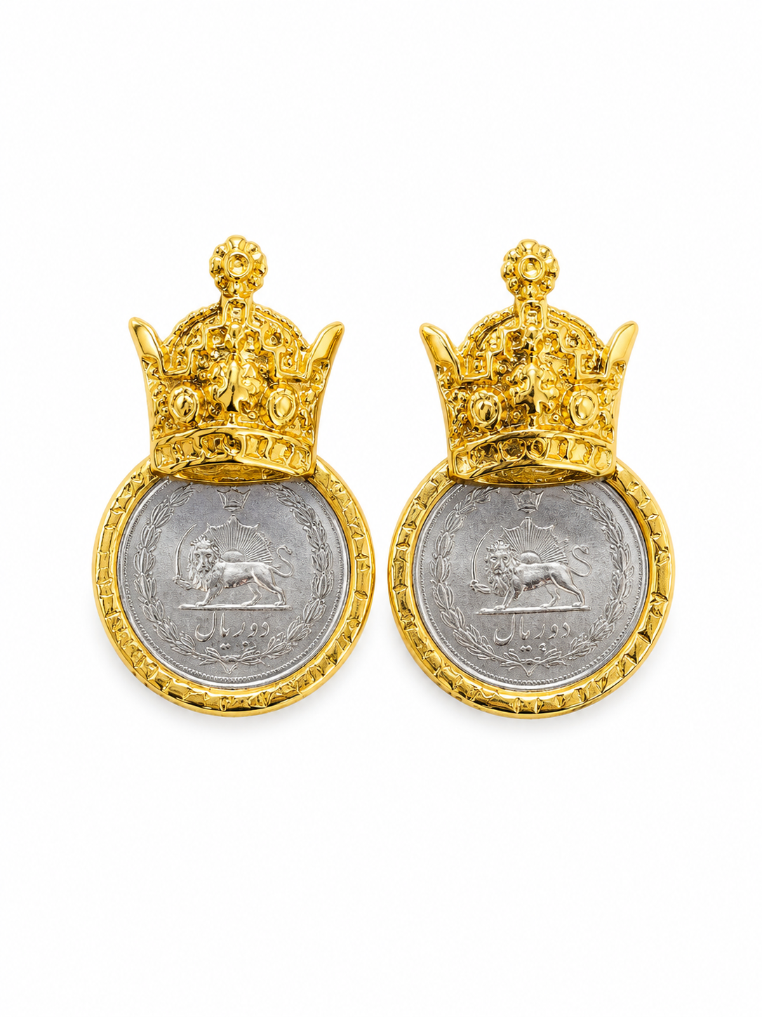 Persian Coin Earrings – Lion & Sun & Crown Design | Gold Plated Statement Earrings—- Gold Plated Persian Coin Earrings | Lion & Sun & Crown