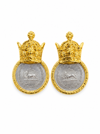 Persian Coin Earrings – Lion & Sun & Crown Design | Gold Plated Statement Earrings—- Gold Plated Persian Coin Earrings | Lion & Sun & Crown