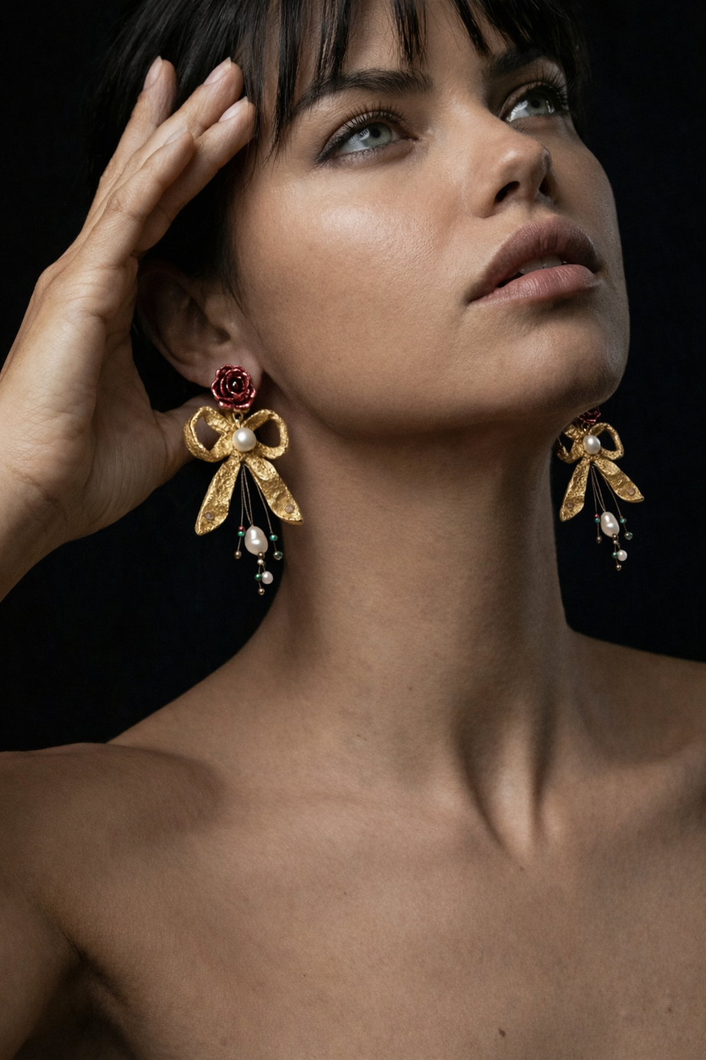 Gold Leaf Handmade Bow & Rose Earrings
