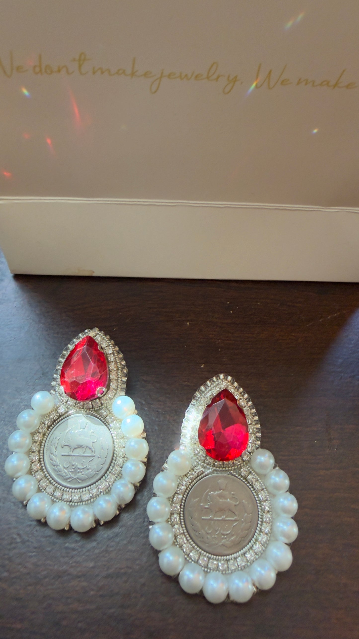 Pahlavi Coin Statement Earrings – Persian 1 Yek Rial Design with Pearls & Red Crystal