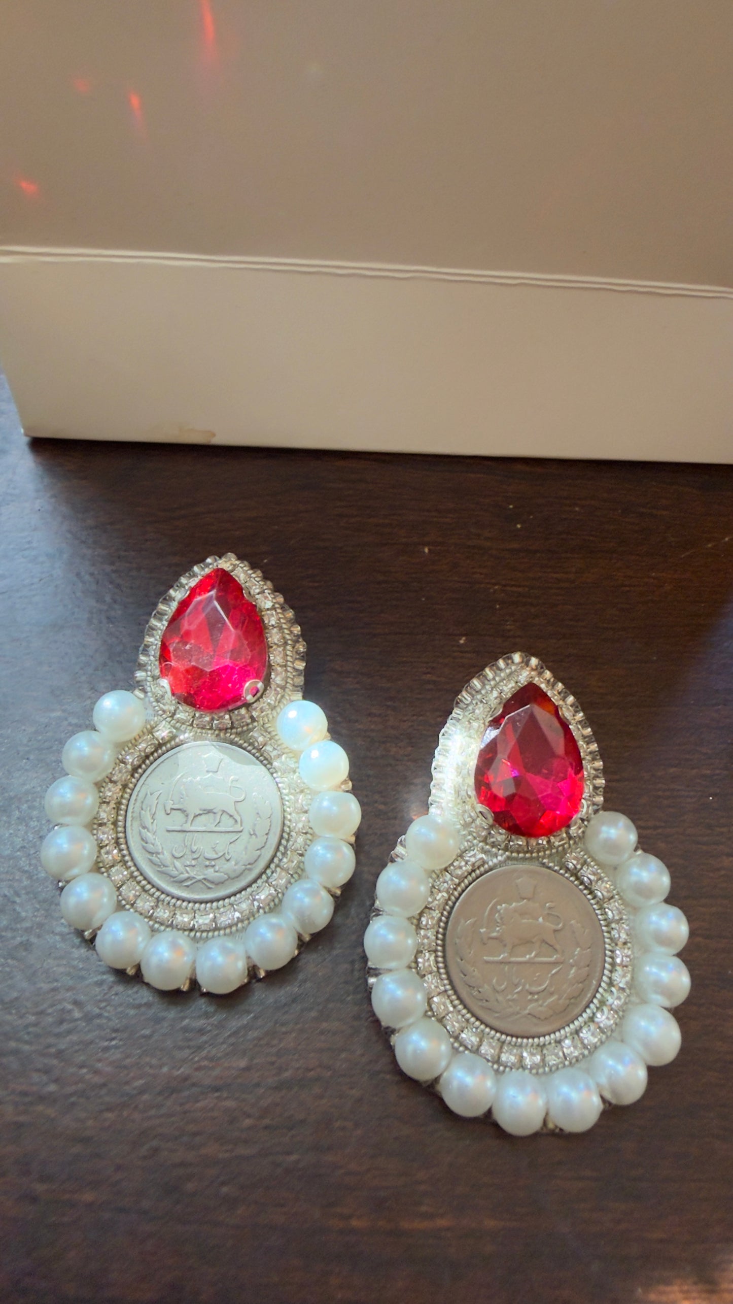 Pahlavi Coin Statement Earrings – Persian 1 Yek Rial Design with Pearls & Red Crystal