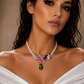 Handmade Floral Pearl Necklace with Green Crystal Drop | Statement Beaded Necklace | Elegant Artisan Jewelry Gift for Women