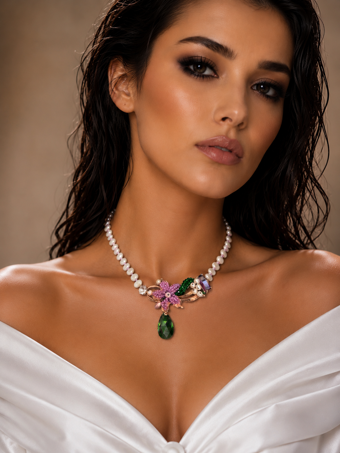 Handmade Floral Pearl Necklace with Green Crystal Drop | Statement Beaded Necklace | Elegant Artisan Jewelry Gift for Women