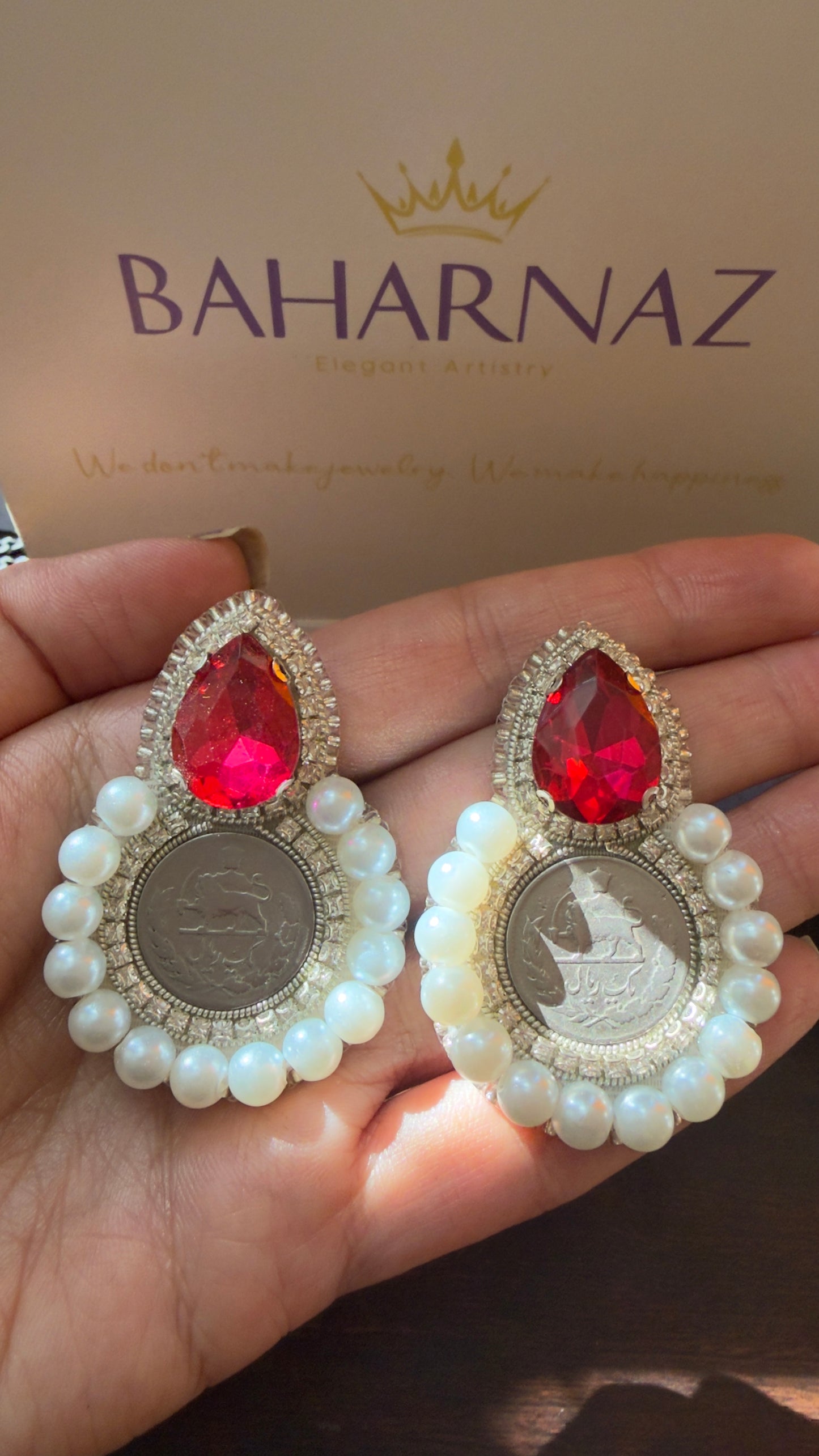 Pahlavi Coin Statement Earrings – Persian 1 Yek Rial Design with Pearls & Red Crystal