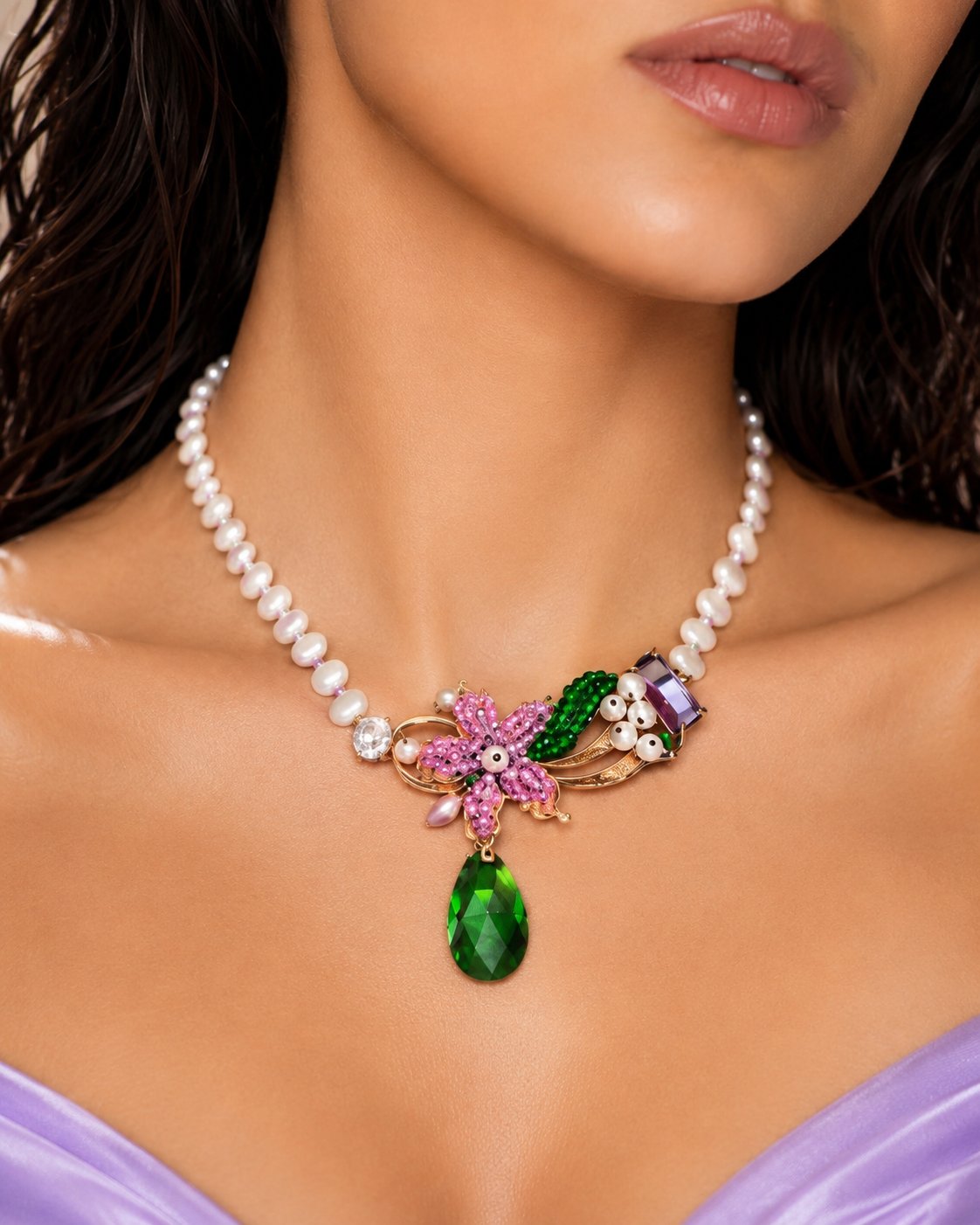 Handmade Floral Pearl Necklace with Green Crystal Drop | Statement Beaded Necklace | Elegant Artisan Jewelry Gift for Women