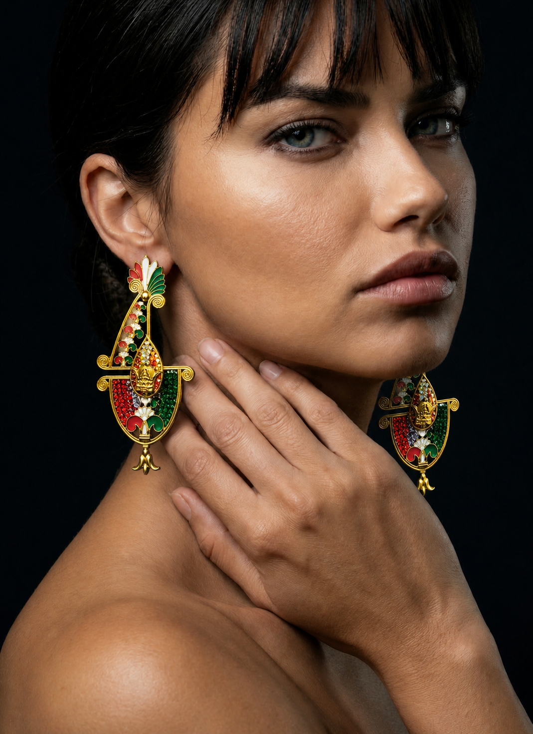 Handmade Persian Map Earrings – Lion & Sun Crown Design | Enamel & Crystal Luxury Statement Jewelry