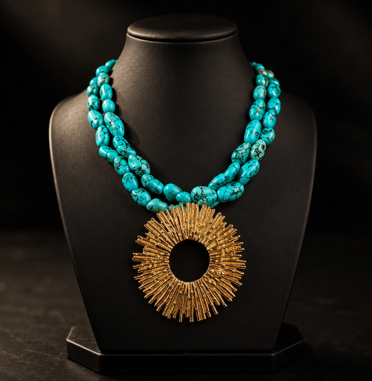 Bohemian Style Exaggerated Multi-Layer Women's Necklace, With Punk-Style Stitching Decor, Round Turquoise Bead Pendant, Hypoallergenic Necklace Accessory