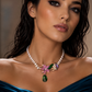 Handmade Floral Pearl Necklace with Green Crystal Drop | Statement Beaded Necklace | Elegant Artisan Jewelry Gift for Women