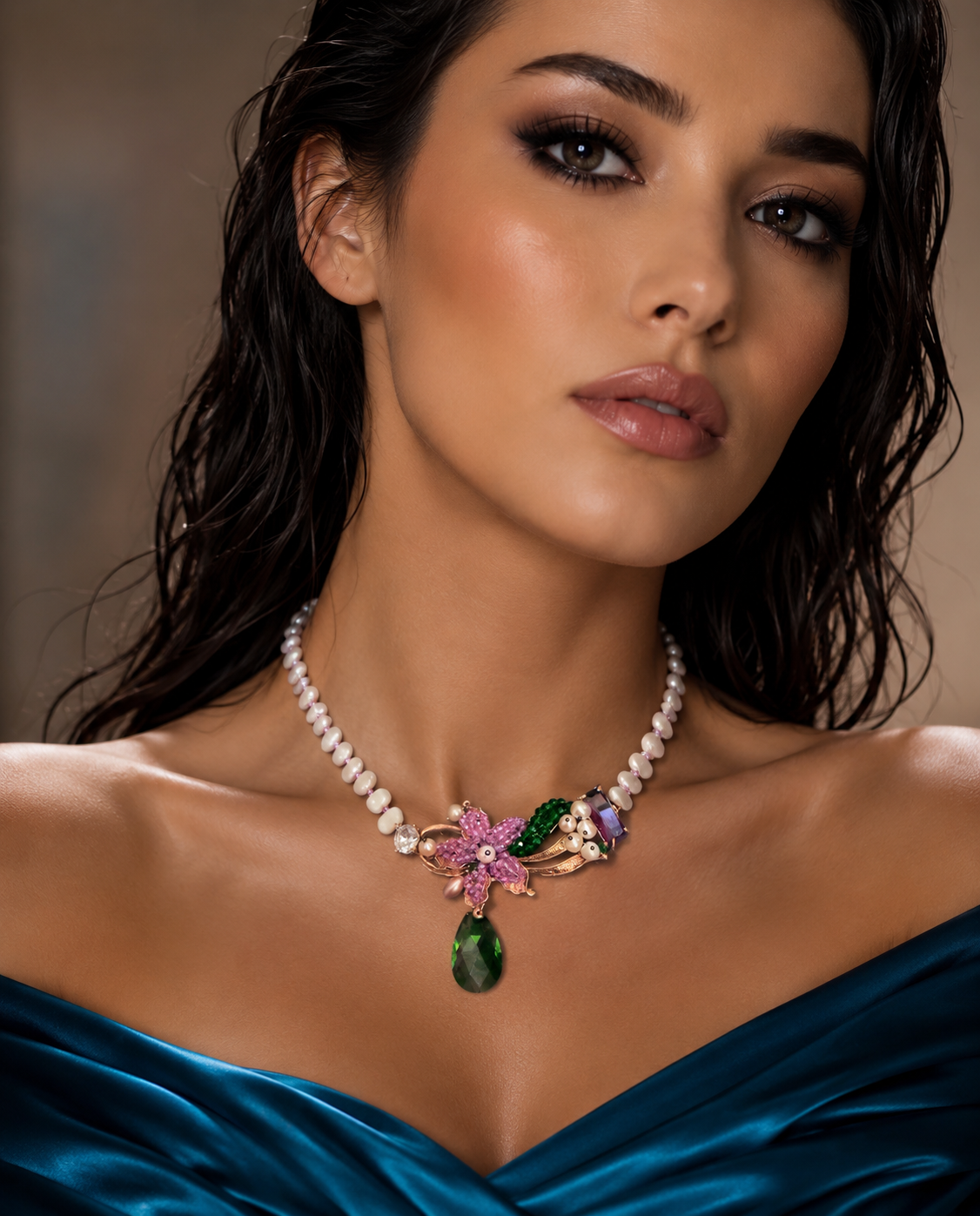 Handmade Floral Pearl Necklace with Green Crystal Drop | Statement Beaded Necklace | Elegant Artisan Jewelry Gift for Women