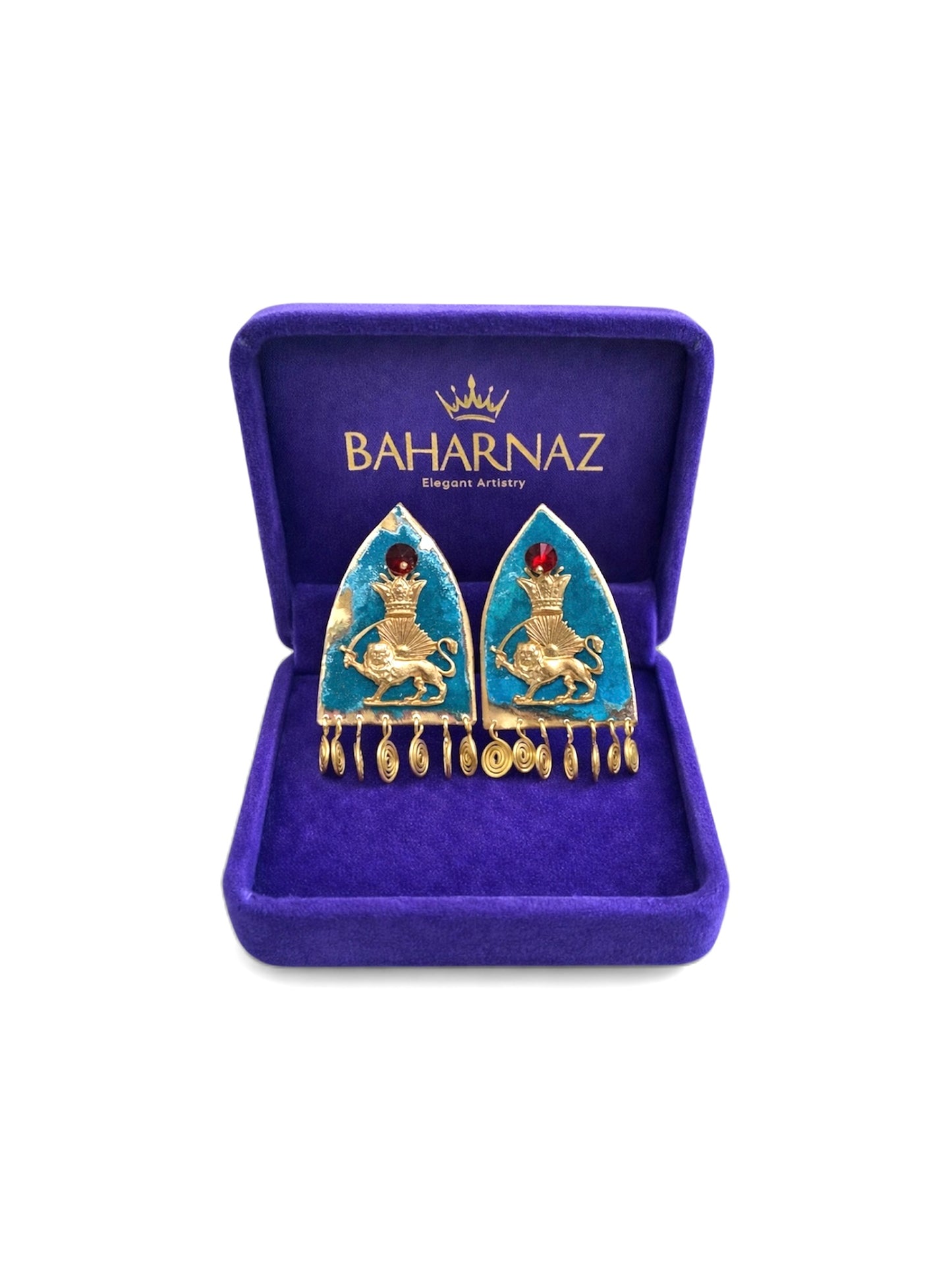 SHĀHBĀNOO, Imperial Handmade Earrings with Sun and Lion Motif