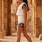 Luxury White Co-Ord Set for Women – Crop Top & Tailored Shorts with Black Lace Accents