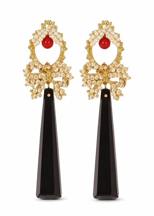 ALICE, Elegant Handmade Earrings with Ruby and Black Pyramid Stone