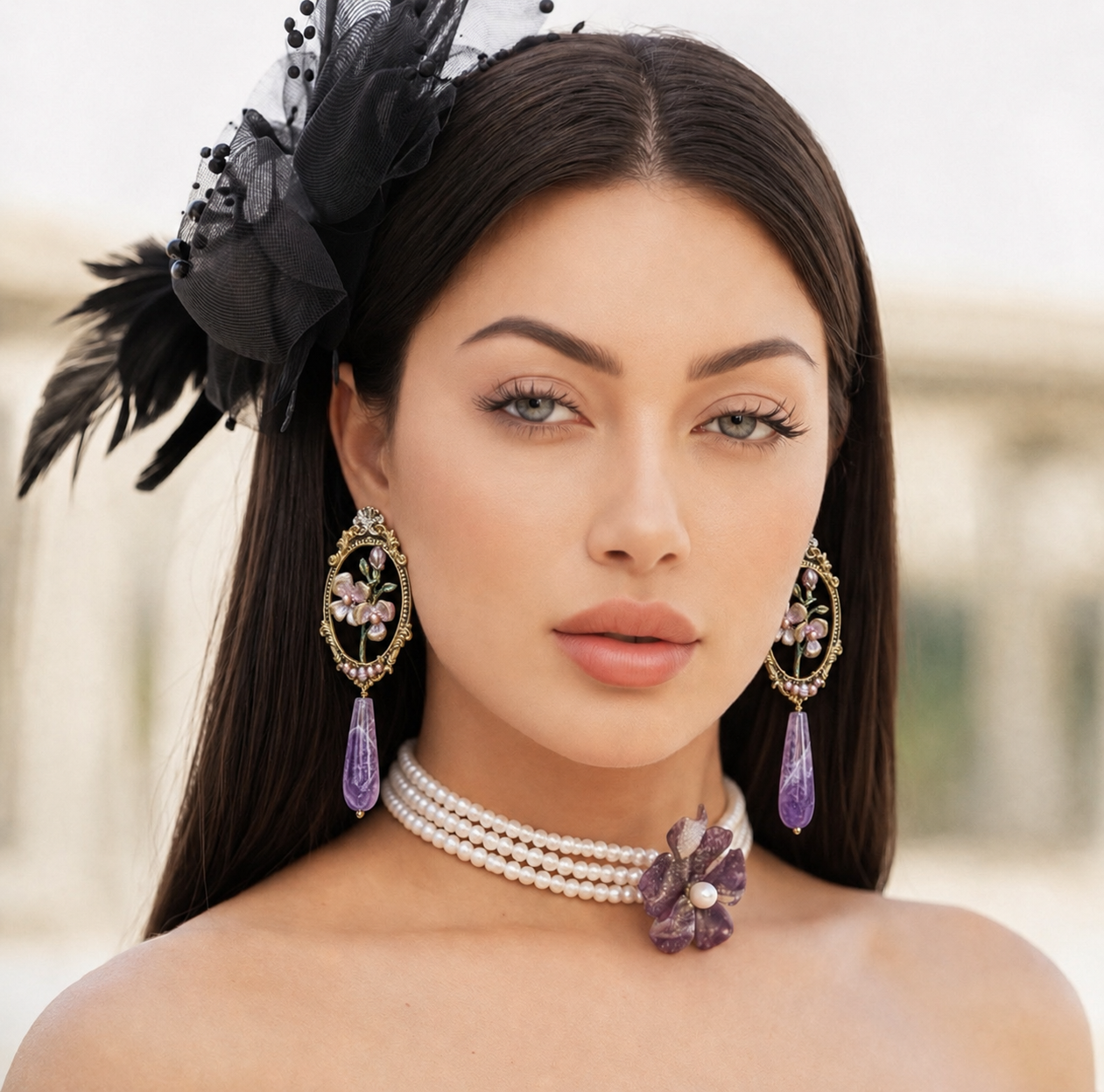 Floral Statement Earrings with Pearls & Purple Drops | Baharnaz