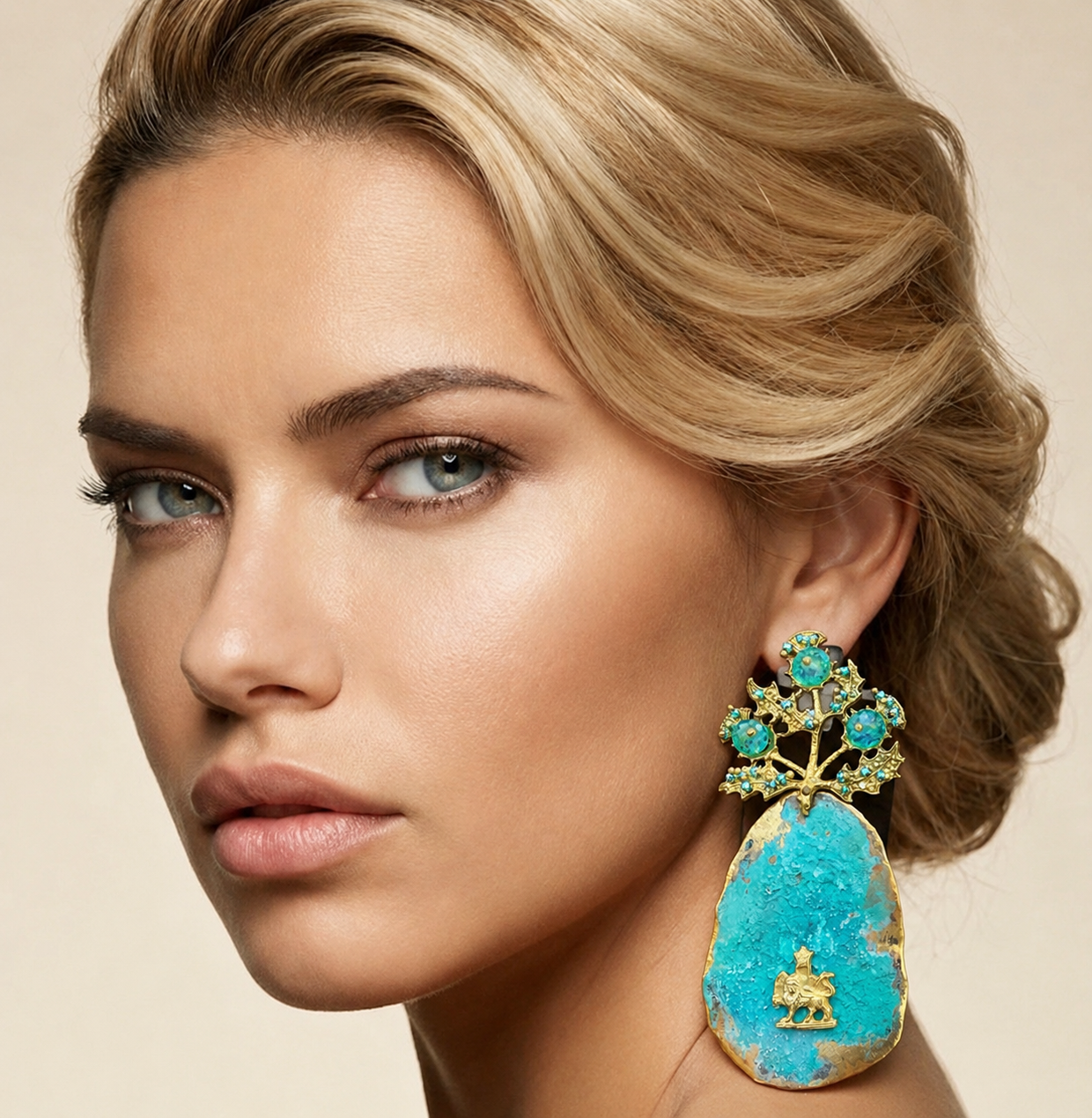 Handmade Blue Oxidized Lion & Sun Earrings – Luxury Turquoise Statement Jewelry