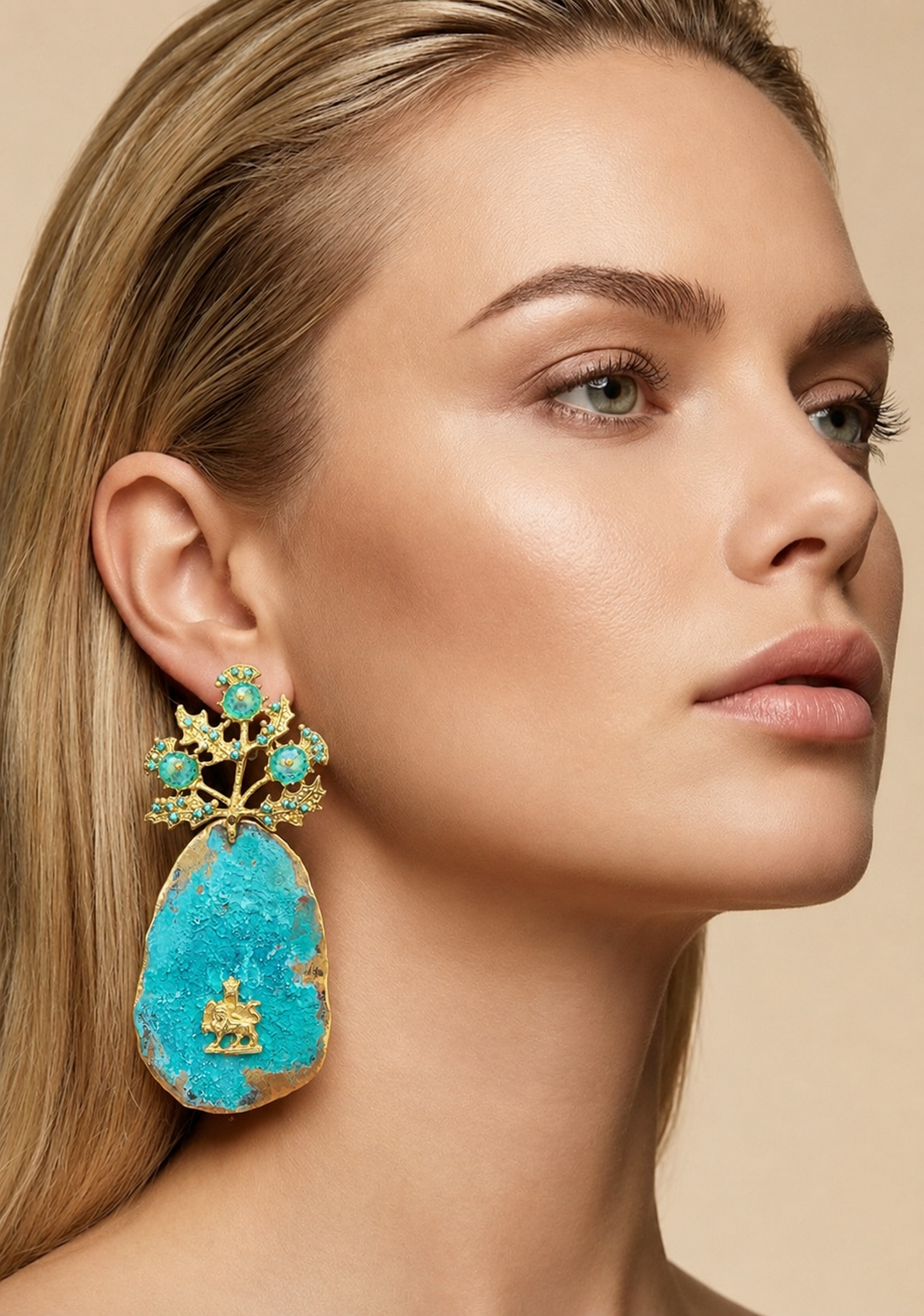 Handmade Blue Oxidized Lion & Sun Earrings – Luxury Turquoise Statement Jewelry