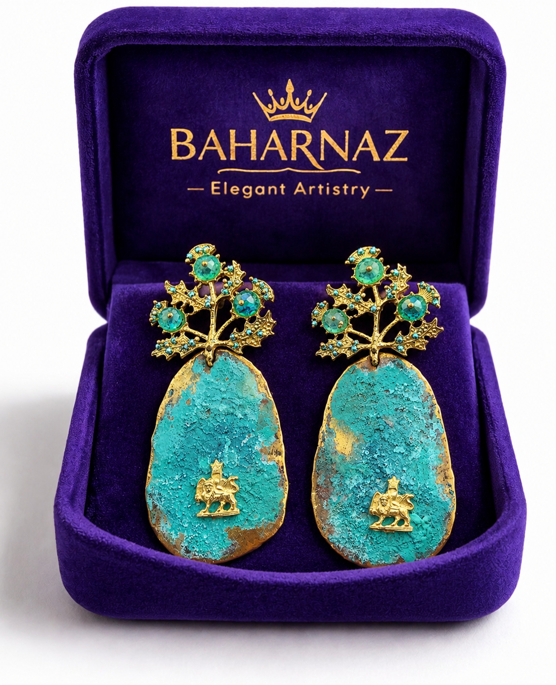 Handmade Blue Oxidized Lion & Sun Earrings – Luxury Turquoise Statement Jewelry