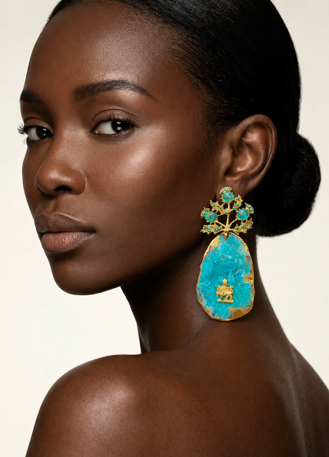 Handmade Blue Oxidized Lion & Sun Earrings – Luxury Turquoise Statement Jewelry