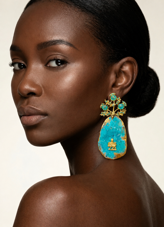 Handmade Blue Oxidized Lion & Sun Earrings – Luxury Turquoise Statement Jewelry