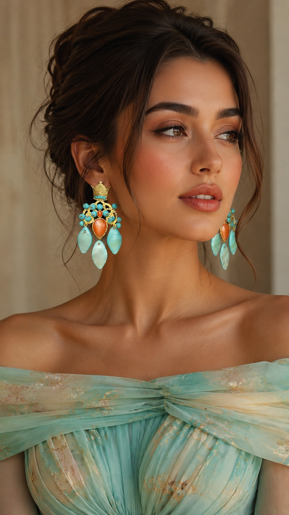Handmade Pahlavi Crown Earrings – Turquoise Shell, Orange Agate & Turquoise Stone Statement Earrings | Baharnaz