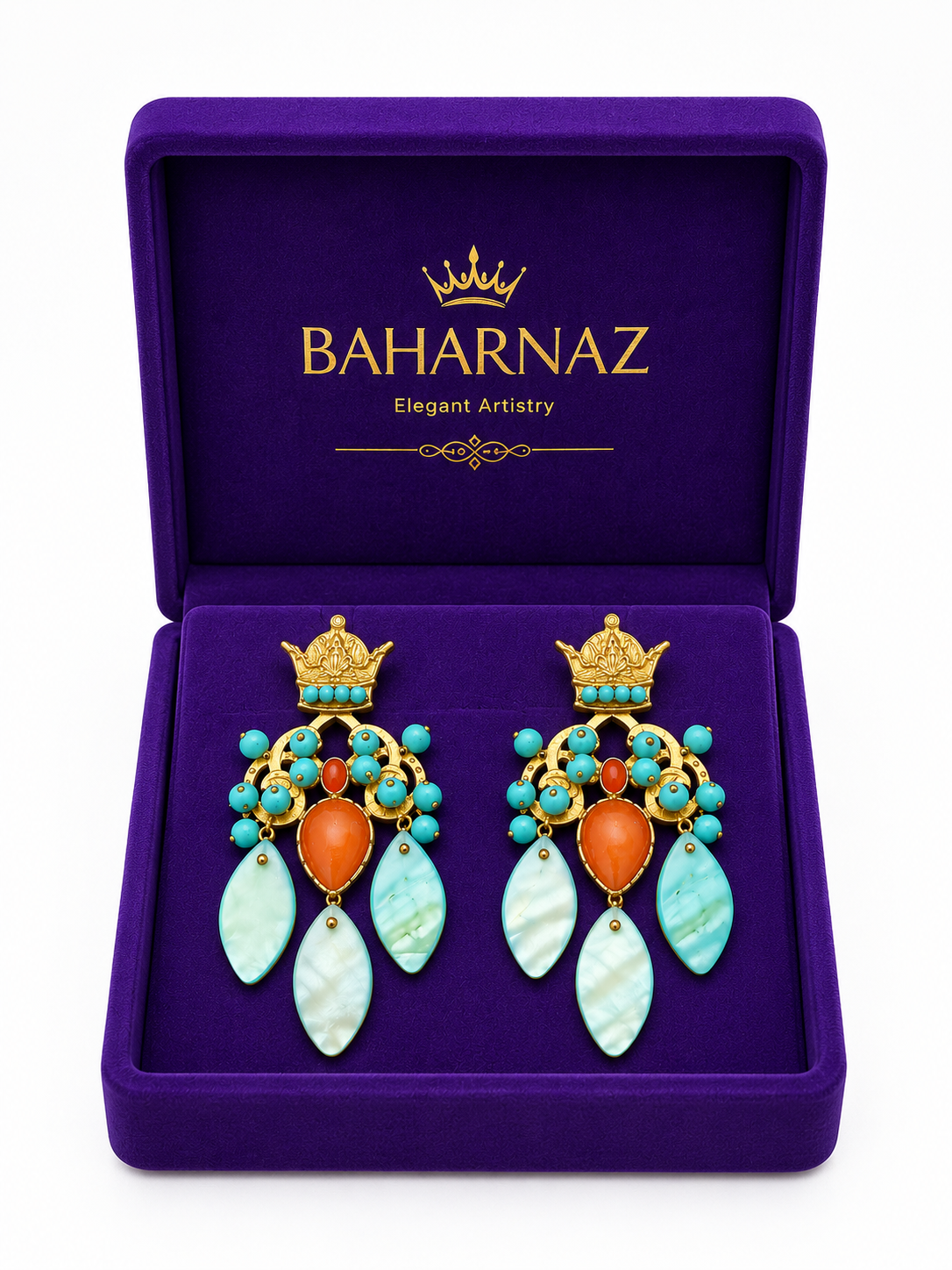 Handmade Pahlavi Crown Earrings – Turquoise Shell, Orange Agate & Turquoise Stone Statement Earrings | Baharnaz