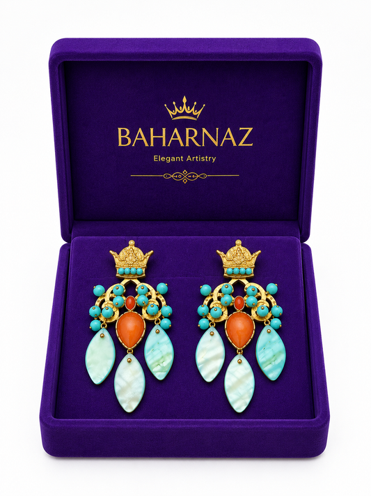 Handmade Pahlavi Crown Earrings – Turquoise Shell, Orange Agate & Turquoise Stone Statement Earrings | Baharnaz