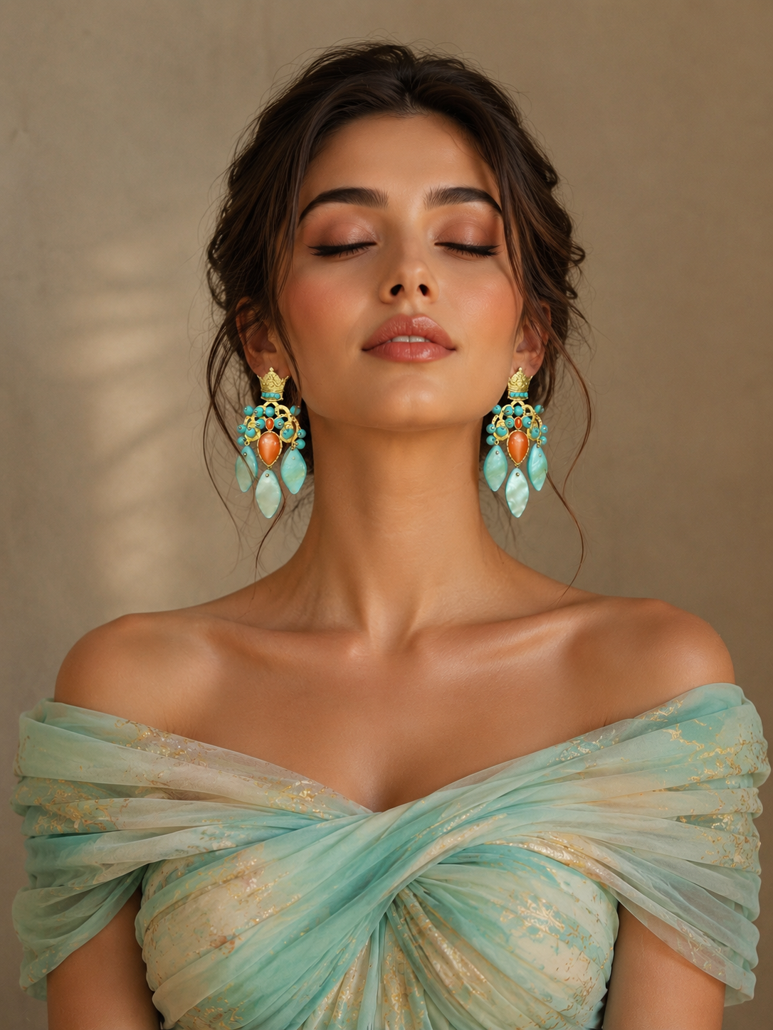 Handmade Pahlavi Crown Earrings – Turquoise Shell, Orange Agate & Turquoise Stone Statement Earrings | Baharnaz