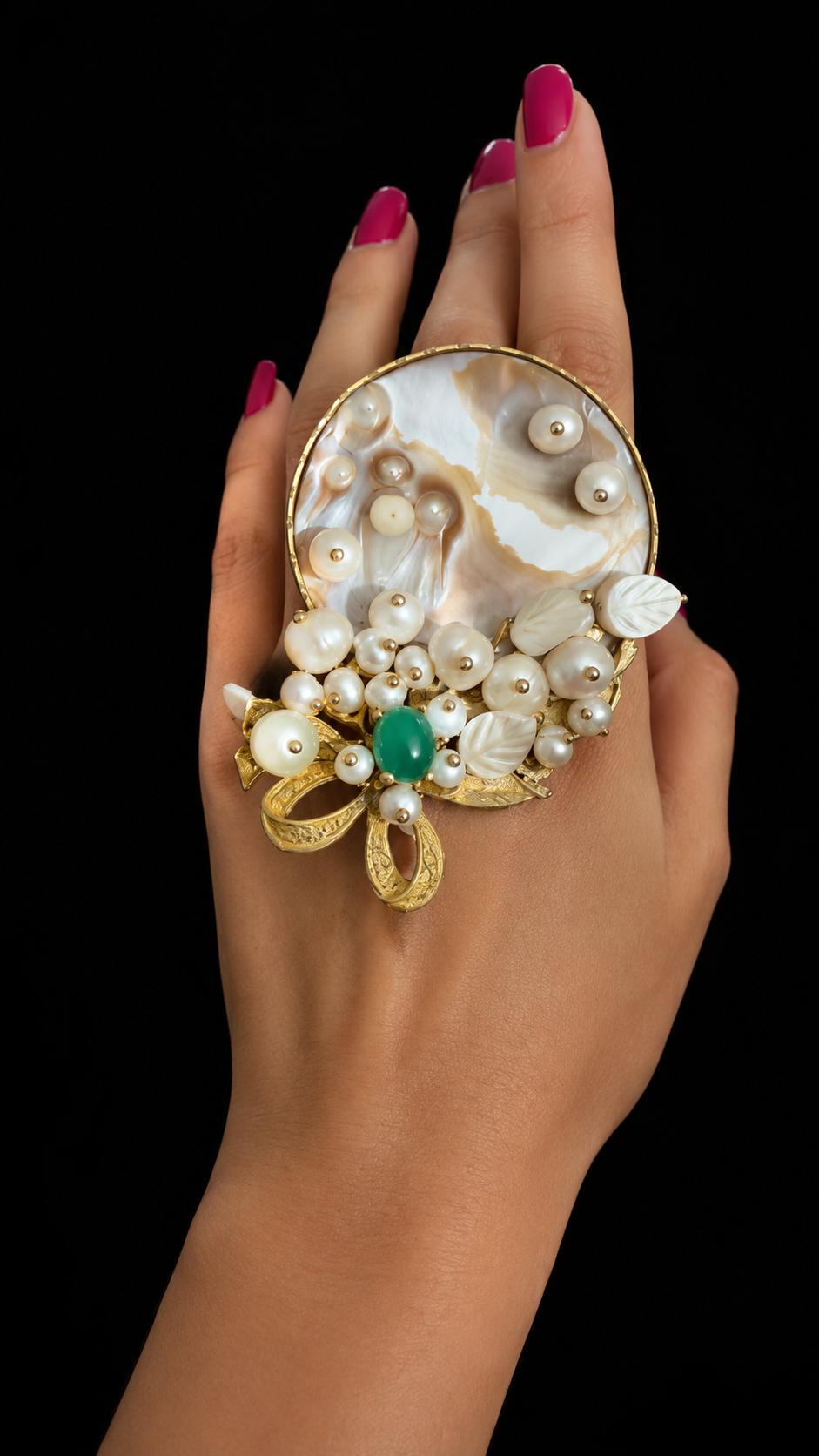 Handmade Statement Pearl Ring – Mother of Pearl & Green Stone Adjustable Ring | Baharnaz -Luxury Handmade Pearl Statement Ring | Baharnaz