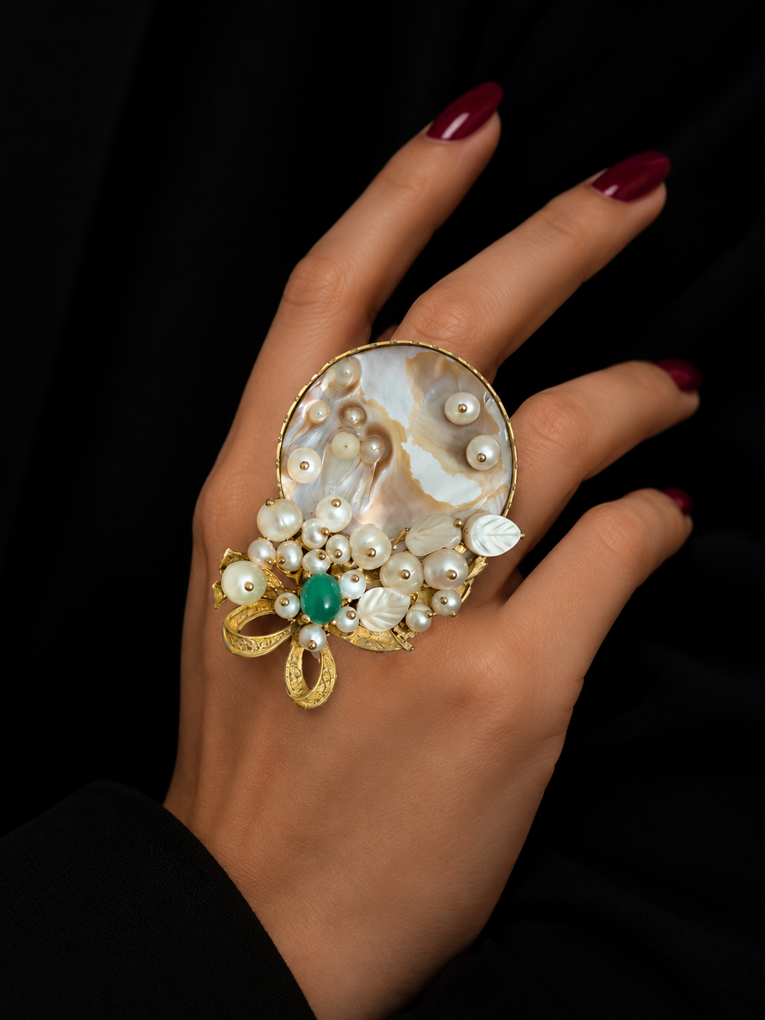 Handmade Statement Pearl Ring – Mother of Pearl & Green Stone Adjustable Ring | Baharnaz -Luxury Handmade Pearl Statement Ring | Baharnaz