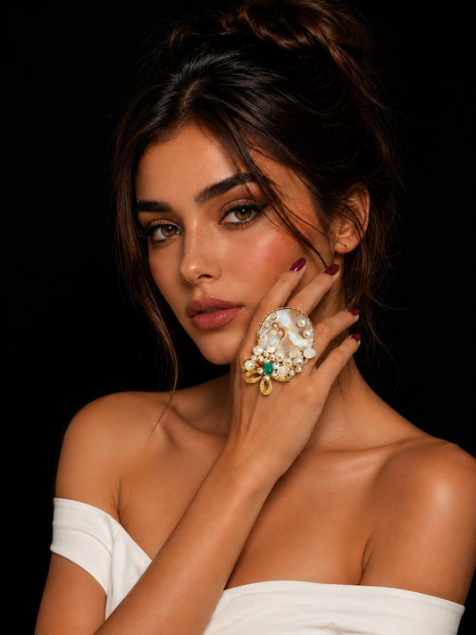 Handmade Statement Pearl Ring – Mother of Pearl & Green Stone Adjustable Ring | Baharnaz -Luxury Handmade Pearl Statement Ring | Baharnaz