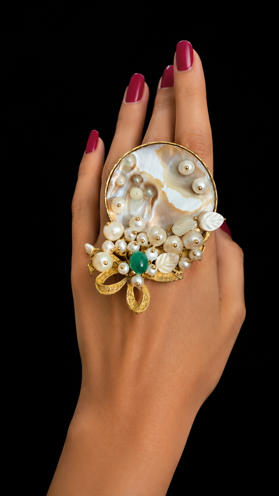 Handmade Statement Pearl Ring – Mother of Pearl & Green Stone Adjustable Ring | Baharnaz -Luxury Handmade Pearl Statement Ring | Baharnaz