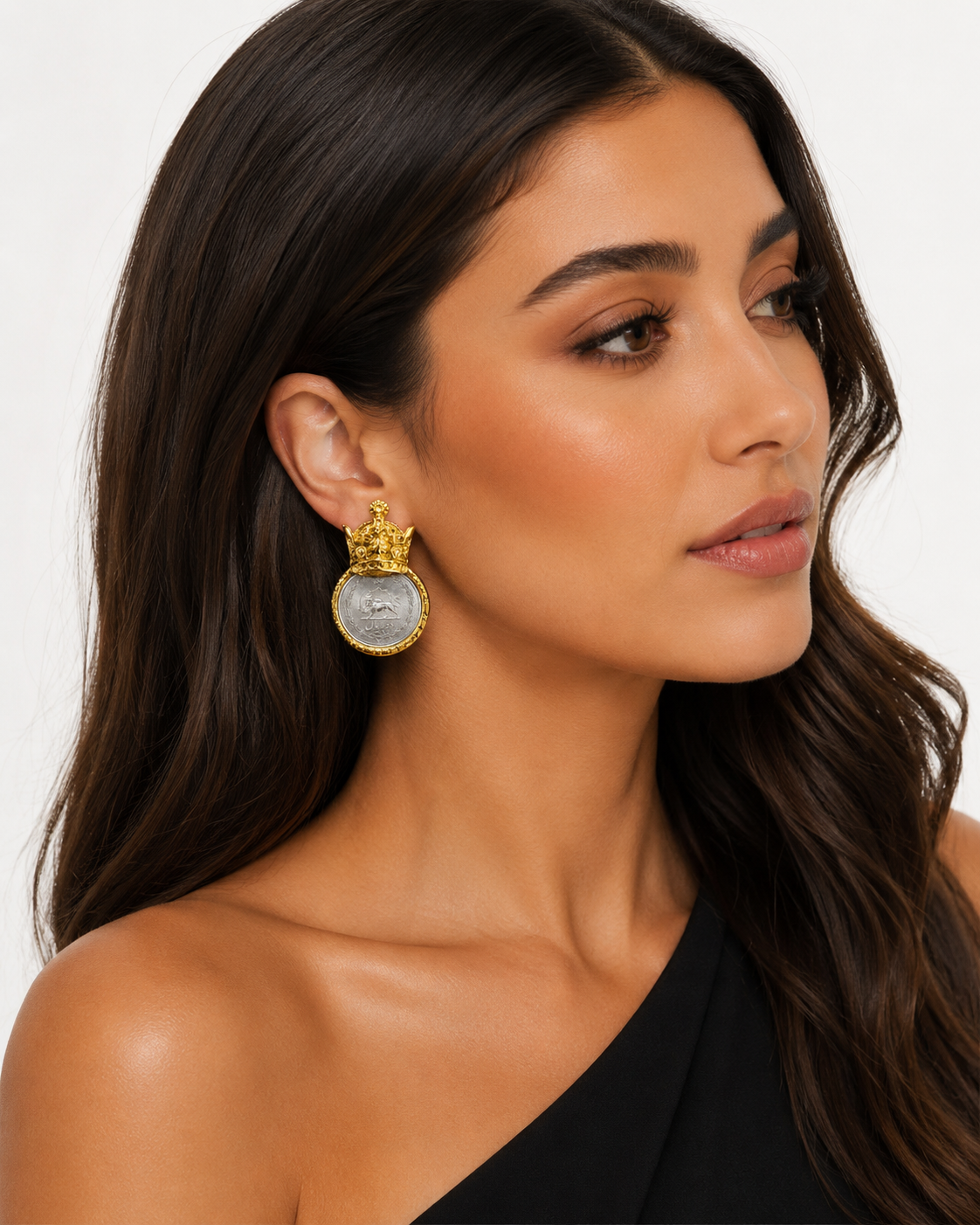 Persian Coin Earrings – Lion & Sun & Crown Design | Gold Plated Statement Earrings—- Gold Plated Persian Coin Earrings | Lion & Sun & Crown