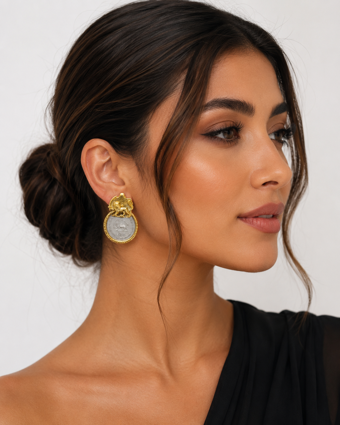 Persian Coin Earrings – Lion & Sun & Crown Design | Gold Plated Statement Earrings—- Gold Plated Persian Coin Earrings | Lion & Sun & Crown