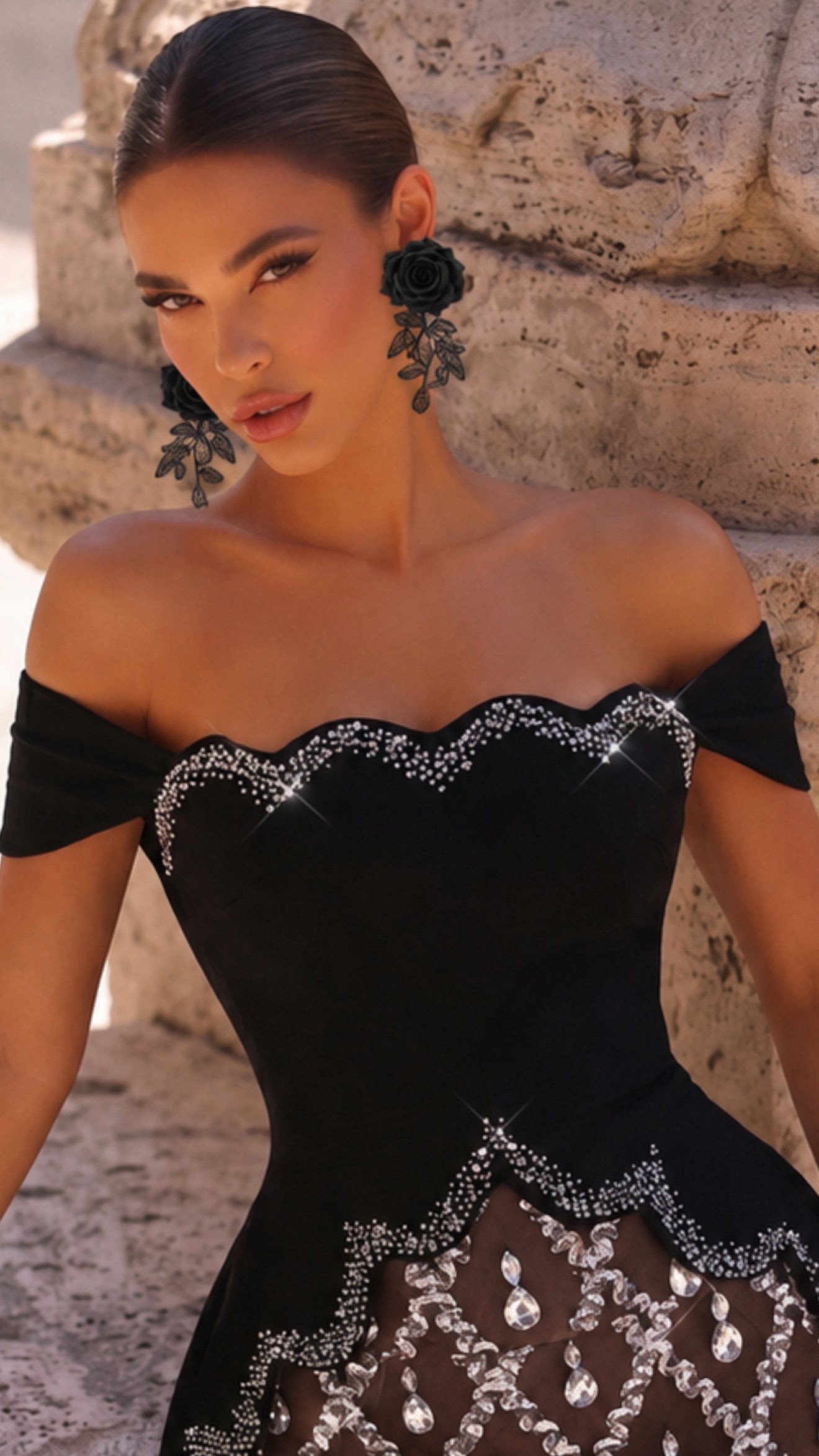Black Rose Statement Earrings – Gothic Floral Lace Earrings, Handmade Oversized Black Flower Earrings, Elegant Fashion Jewelry for Women