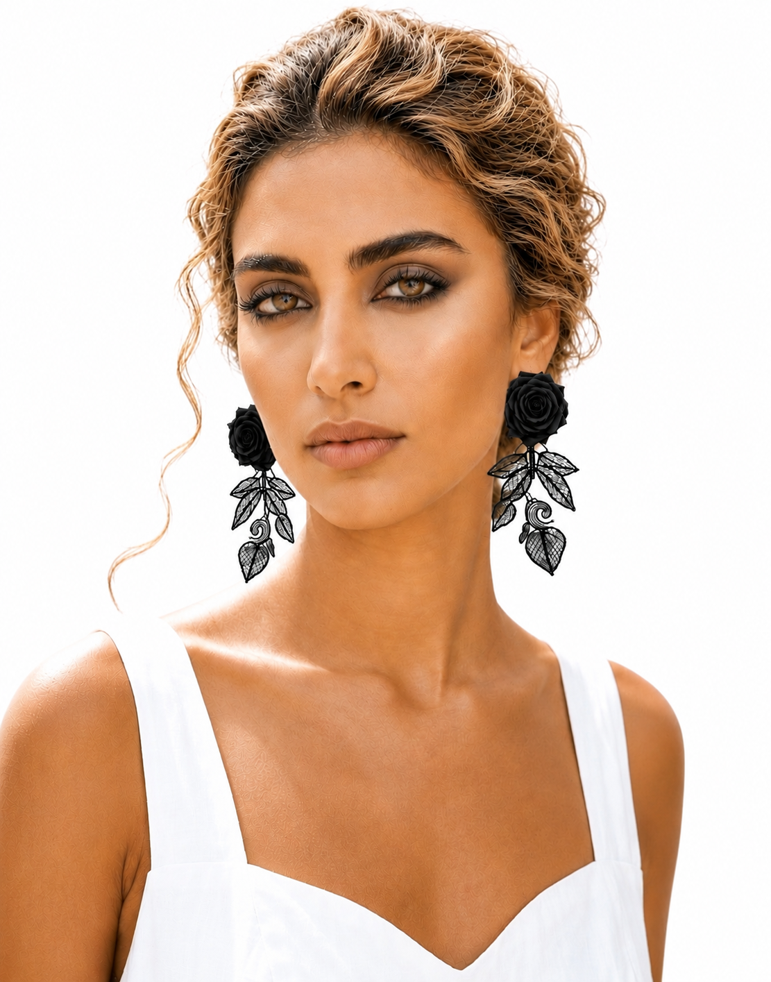 Black Rose Statement Earrings – Gothic Floral Lace Earrings, Handmade Oversized Black Flower Earrings, Elegant Fashion Jewelry for Women