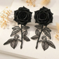 Black Rose Statement Earrings – Gothic Floral Lace Earrings, Handmade Oversized Black Flower Earrings, Elegant Fashion Jewelry for Women