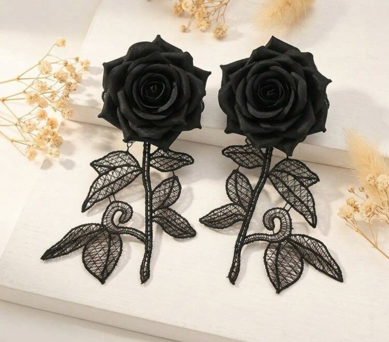 Black Rose Statement Earrings – Gothic Floral Lace Earrings, Handmade Oversized Black Flower Earrings, Elegant Fashion Jewelry for Women