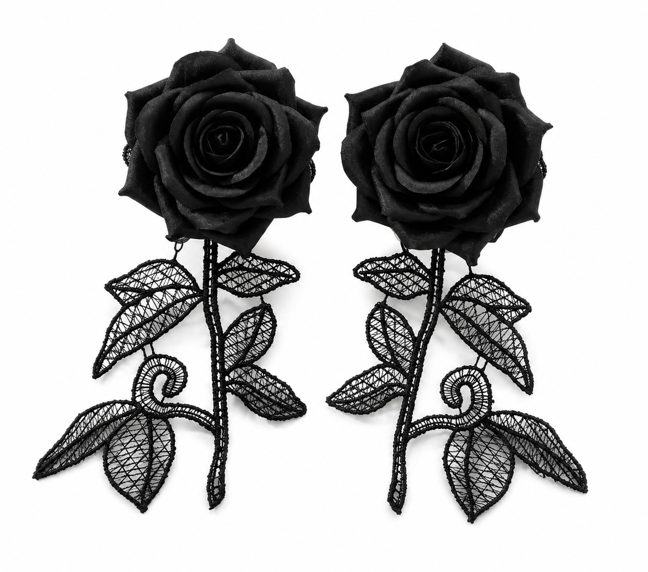 Black Rose Statement Earrings – Gothic Floral Lace Earrings, Handmade Oversized Black Flower Earrings, Elegant Fashion Jewelry for Women