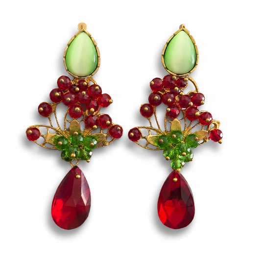 Handmade Emerald Green & Red Crystal Statement Earrings | Luxury Floral Artisan Jewelry | Unique Gift for Women