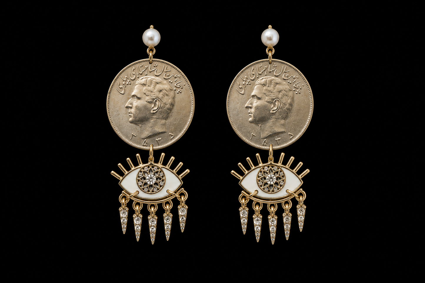 Limited edition Handmade Authentic Pahlavi Coin Evil Eye Statement Earrings