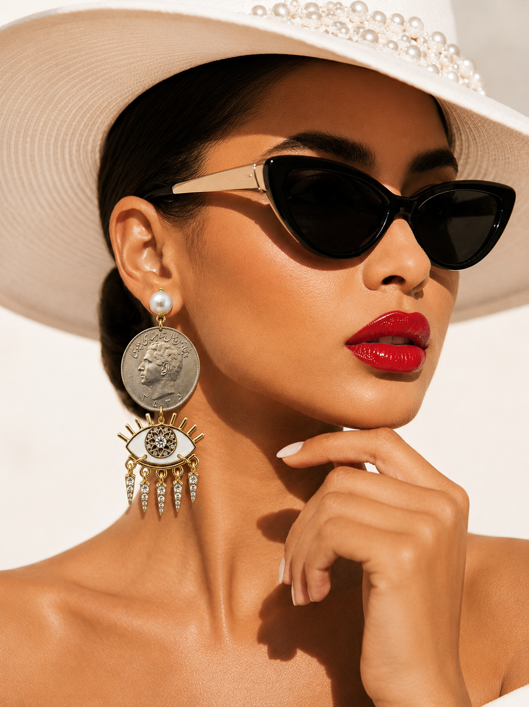 Limited edition Handmade Authentic Pahlavi Coin Evil Eye Statement Earrings